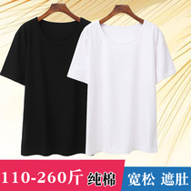 Extra large size pure cotton short-sleeved womens loose thin section mens black and white T-shirt couple fat plus base top 260