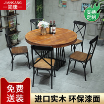 Modern simple round hotel dining table Retro creative wrought iron 6-10 people dining table Nordic solid wood large round table
