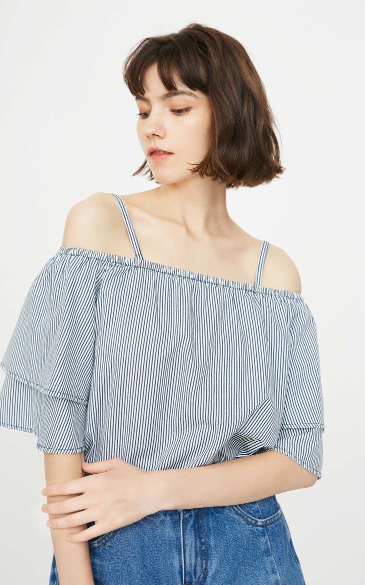 only2018秋季新款天絲吊帶露肩寬鬆t恤女|11837x501