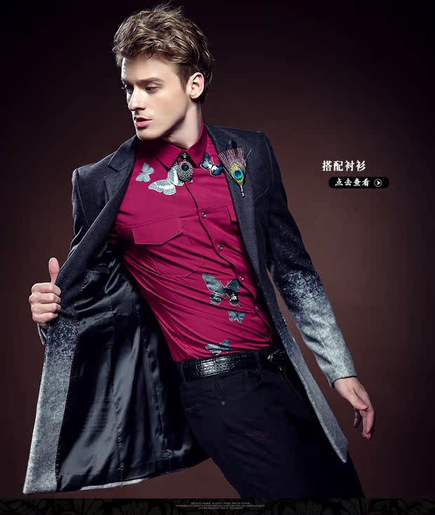 凡转欧美冬新款男毛呢大衣修身呢子大衣中长款灰白渐变外套610121