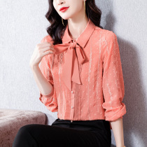 Career Flutter With Jacquard Shirt Woman Dress 2022 Spring Dress New Ocean Gas 100 Hitch Butterfly Knot Hollowed-out Blouse Tide