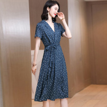 Heavy silk Mulberry silk floral dress womens skirt summer short sleeve new V-neck lace slim slim long skirt