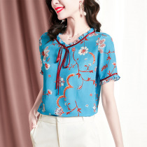 Large size mulberry silk printed shirt 2021 summer coat Womens Small shirt womens short sleeve floral middle aged silk shirt Women