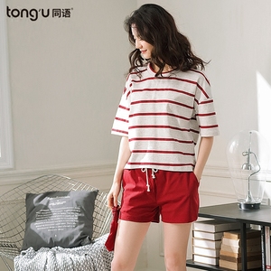 同语夏季可爱睡衣女纯棉短袖两件套家居服女韩版宽松夏天条纹套装