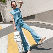 South Korea Dongdaemun Women's Spring and Summer Casual Silk Clothes Shirt Horn Pants Simple Static Skinny Suit