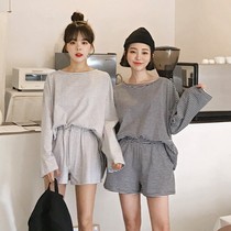 Special spot Korea official website Spring and Summer Women's Stripe Loose Casual Sisters Long Sleeve T-shirt Shorts Sports Suit