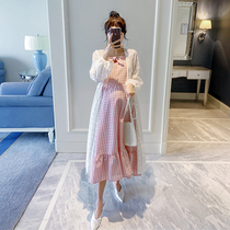 Pregnant women fashion suit Chiffon cardigan medium long cotton linen dress two-piece set 2020 autumn new loose Korean version