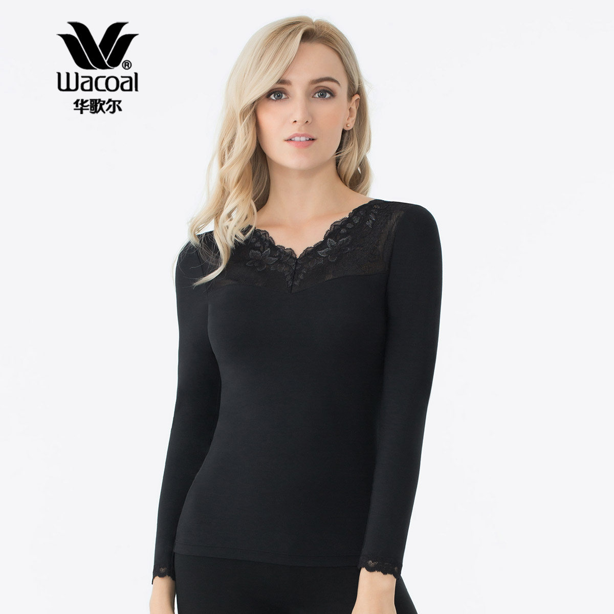 华歌尔wacoal 柔美蕾丝 v领 莫代尔 保暖衣 轻薄款 wv6547