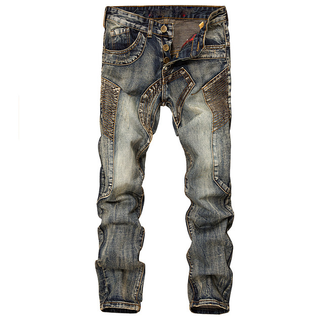 ເອີຣົບແລະອາເມລິກາ retro jeans ຜູ້ຊາຍ spliced ​​​​ beggar distressed patch slim straight long pants ສ່ວນບຸກຄົນຍີ່ຫໍ້ trendy ລົດຈັກ