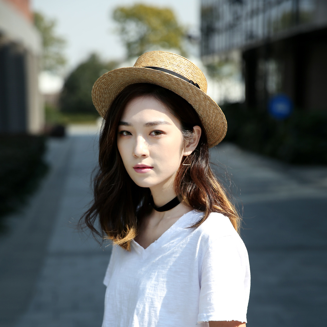 明星同款草编平顶帽时尚春夏女蝴蝶结休闲礼帽