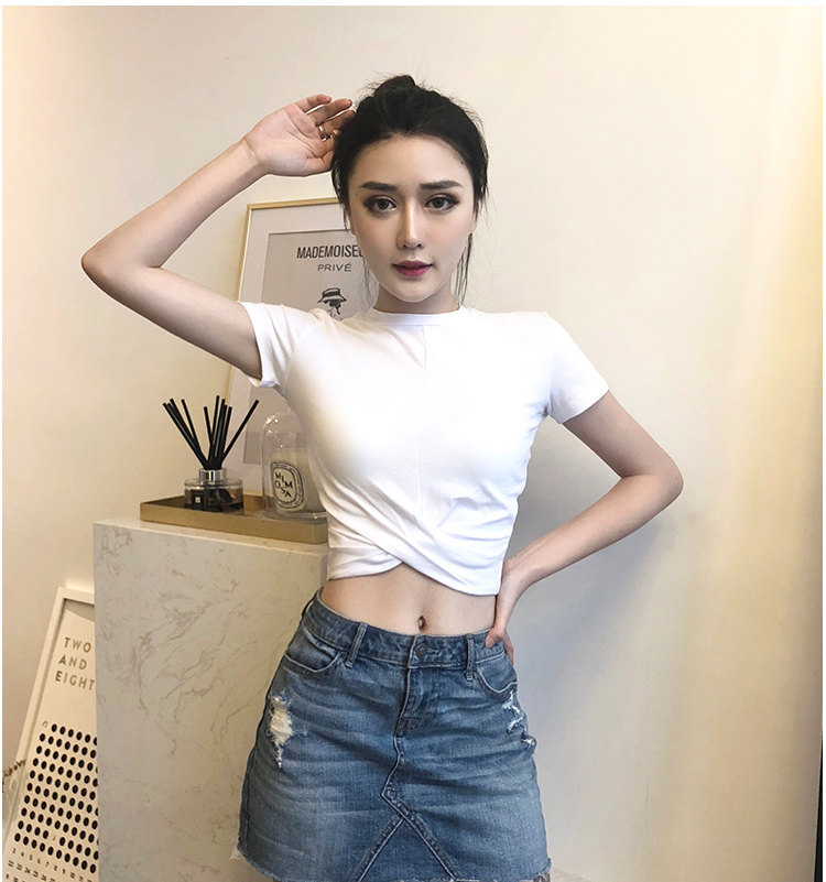 黑色漏脐装爵士舞高腰短款上衣女夏小心机交叉露肚脐紧身短袖t恤