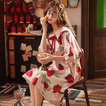Sleeping Skirt Female Summer Thin Strawberry Baby Roller Short Sleeved Pure Cotton Princess Wind Korean Version Loose Large Code Housekeeping