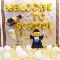 Junior high school welcomes new classmates dress up atmosphere opening school balloon decoration new semester theme arrangement cartoon