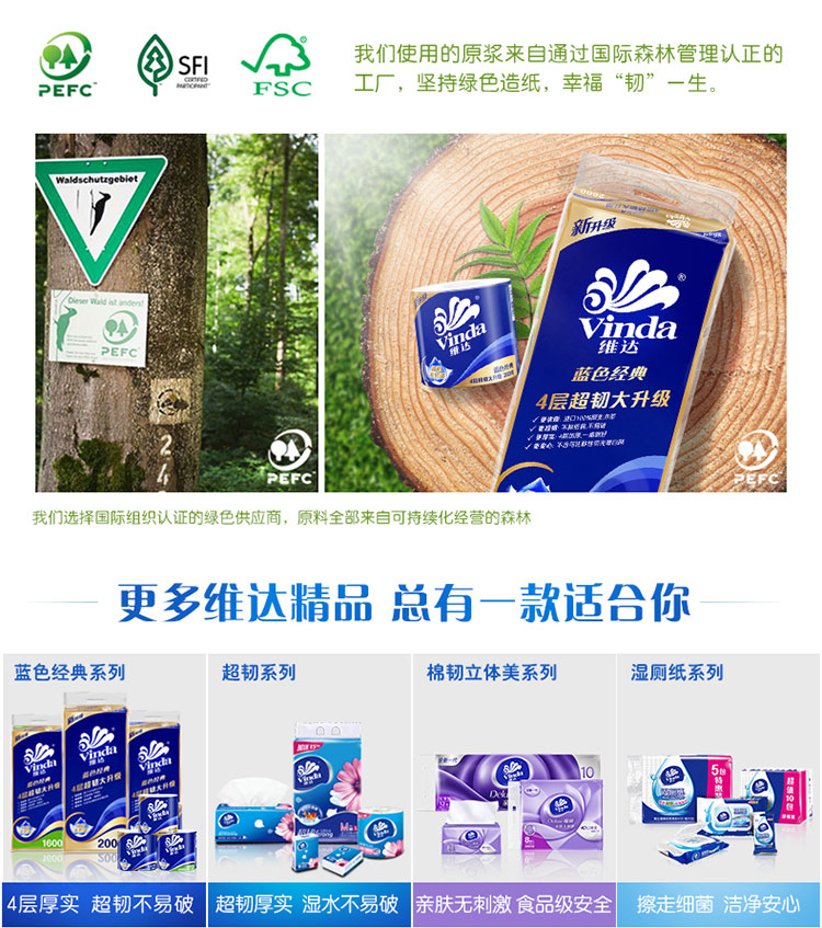 SFI我们使用的原浆来自通过国际森林管理认正的PEFCrsc工厂,坚持绿色造纸,幸福“韧”一生。Vinda经典4层超韧大升级不匀足群等像9PEFc我们选择国际组织认证的绿色供应商,原料全部来自可持续化经营的森林更多维达精品总有一款适合你蓝色经典系列超韧系列棉韧立体美系列湿厕纸系列4层厚实超韧不易破超韧厚实湿水不易破亲肤无刺激食品级安全擦走细菌洁净安心-推好价 | 品质生活 精选好价