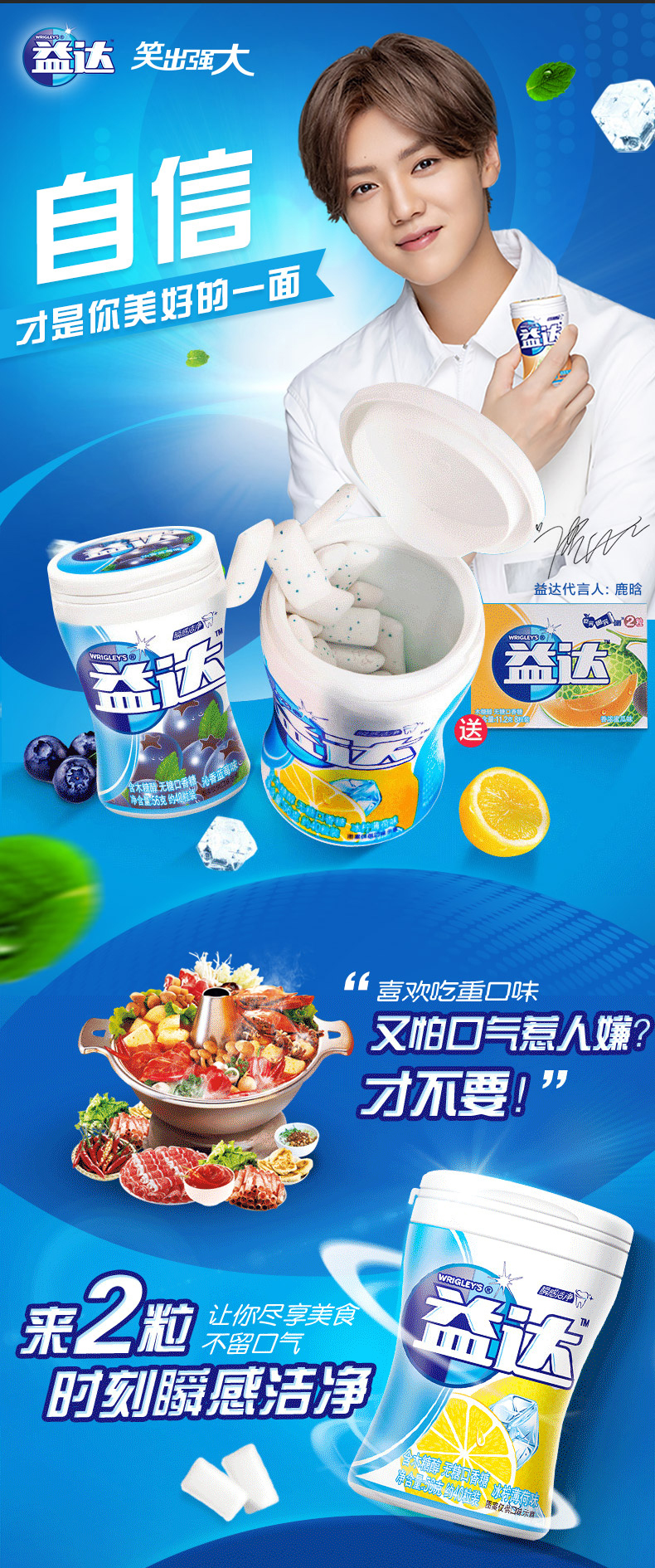 益达无糖口香糖双瓶装 薄荷糖柠檬味40g箭牌休闲零食糖果箭牌鹿晗