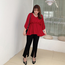 220 pounds large size womens summer fat mm two-piece suit Western style bat sleeve top 2163 temperament micro flared pants