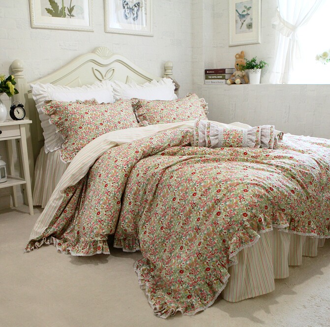 韩版田园风格**小碎花蕾丝荷叶边纯棉床裙款床上用品四件套_7折现价