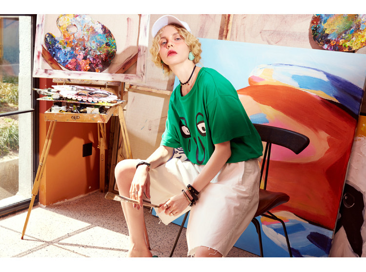 妖精的口袋ychic衣服女夏装2018新款宽松学生圆领趣味印花t恤女j_7折