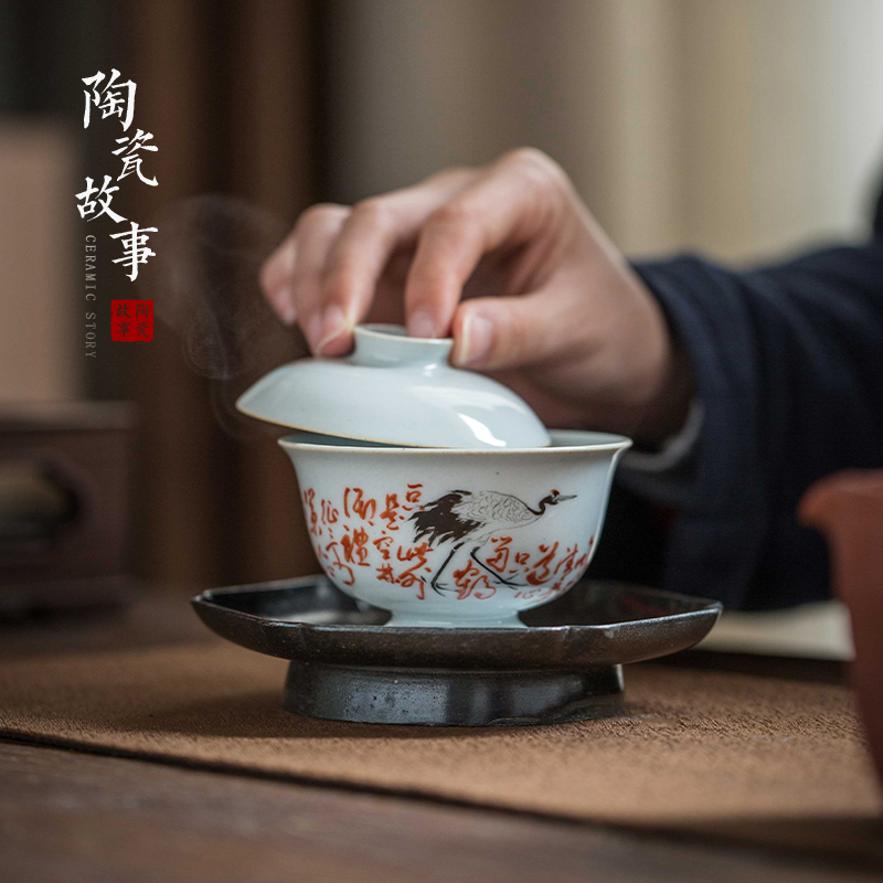 High - end checking hand - made ceramic story town tureen only three tureen individual poems cranes footed tureen