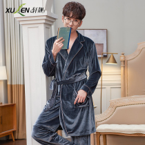 Golden velvet pajamas mens spring and autumn long sleeved robes two-piece set autumn and winter thin large size bathrobe home wear