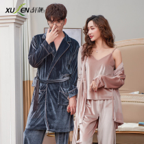 Gold velvet couple pajamas women spring and autumn thin velvet large size sexy suspender nightgown set velvet home wear men