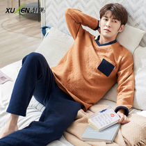 Autumn and winter style pajamas men spring and autumn thick long sleeve cotton cotton air cotton sandwich thin padded cotton housewear warm suit