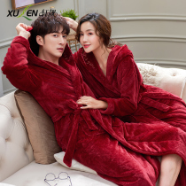 Couples nightgown women autumn winter coral velvet thickened plus fleece lengthened wedding big red hat bathrobe pajamas men
