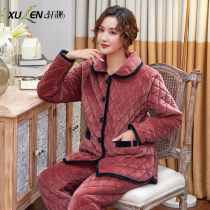 Coral fleece cotton pajamas womens autumn winter three-layer thickened plus-lint cotton jacket loose plus size housewear set