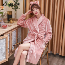Dressing gown ladies autumn winter coral fleece thick plus fleece long size bathrobe pajamas winter flannel home jackets