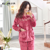 Coral velvet pajamas lady mother autumn and winter thickened middle-aged and elderly flannel home clothing large size winter suit