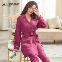 Pajamas womens spring and autumn long sleeves cotton air cotton sandwich warm mid-length nightgown two-piece set autumn and winter homewear