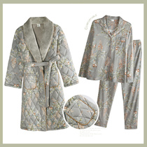 Padded pajamas womens winter thickened long nightgown cotton autumn and winter cotton pajamas middle-aged mother womens three-piece set