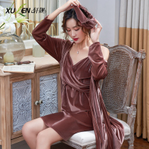 Gold velvet sexy sleeping dress Ladies long sleeves autumn winter thin size very fairy suspender pajamas pajamas three-piece set