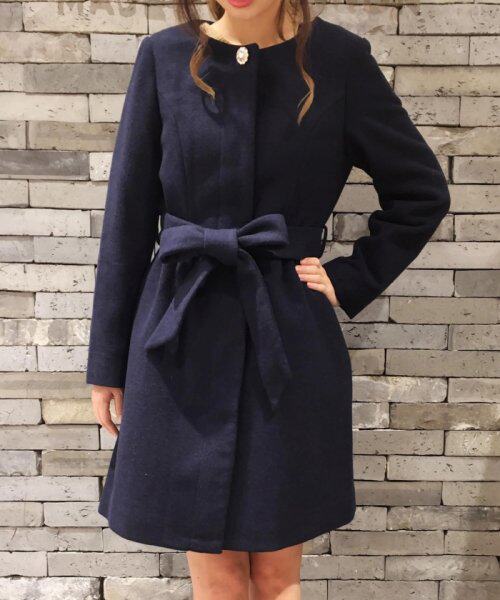 秋冬日系圆领珍珠扣纯色系蝴蝶结腰带甜美优雅中长款毛呢大衣外套_7折