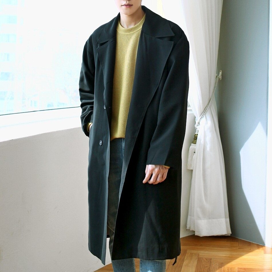 2016春秋韩国男装代购 米色韩版宽松风衣长款薄款休闲腰带外套潮