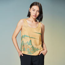 (Mustard original) Lianshui Chinese style green landscape print design round neck sleeveless vest female summer