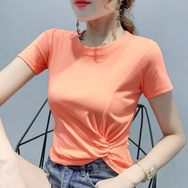 Korean version of summer womens knotted T-shirt womens short sleeves 2020 new fashion foreign style thin round neck student top