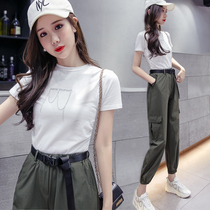 European summer suit Womens casual fashion slim-fit top thin section Womens summer overalls Sportswear two-piece set