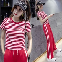 Wide leg pants suit womens summer 2021 new high waist foreign style Korean version of the Hong Kong taste European goods tide leisure sports two-piece set