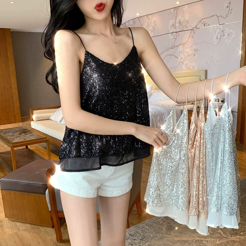 2019 new fat mm sexy lấp lánh đính sequin cổ chữ V áo yếm ngắn của phụ nữ áo sơ mi phía trên và phía dưới rộng rãi bên ngoài - Áo ba lỗ