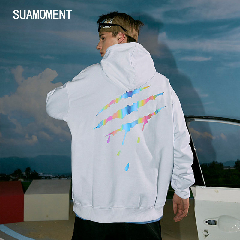 suamoment血爪抓痕一代基础镭射反光连帽衫男宽松潮流牌情侣卫衣2件