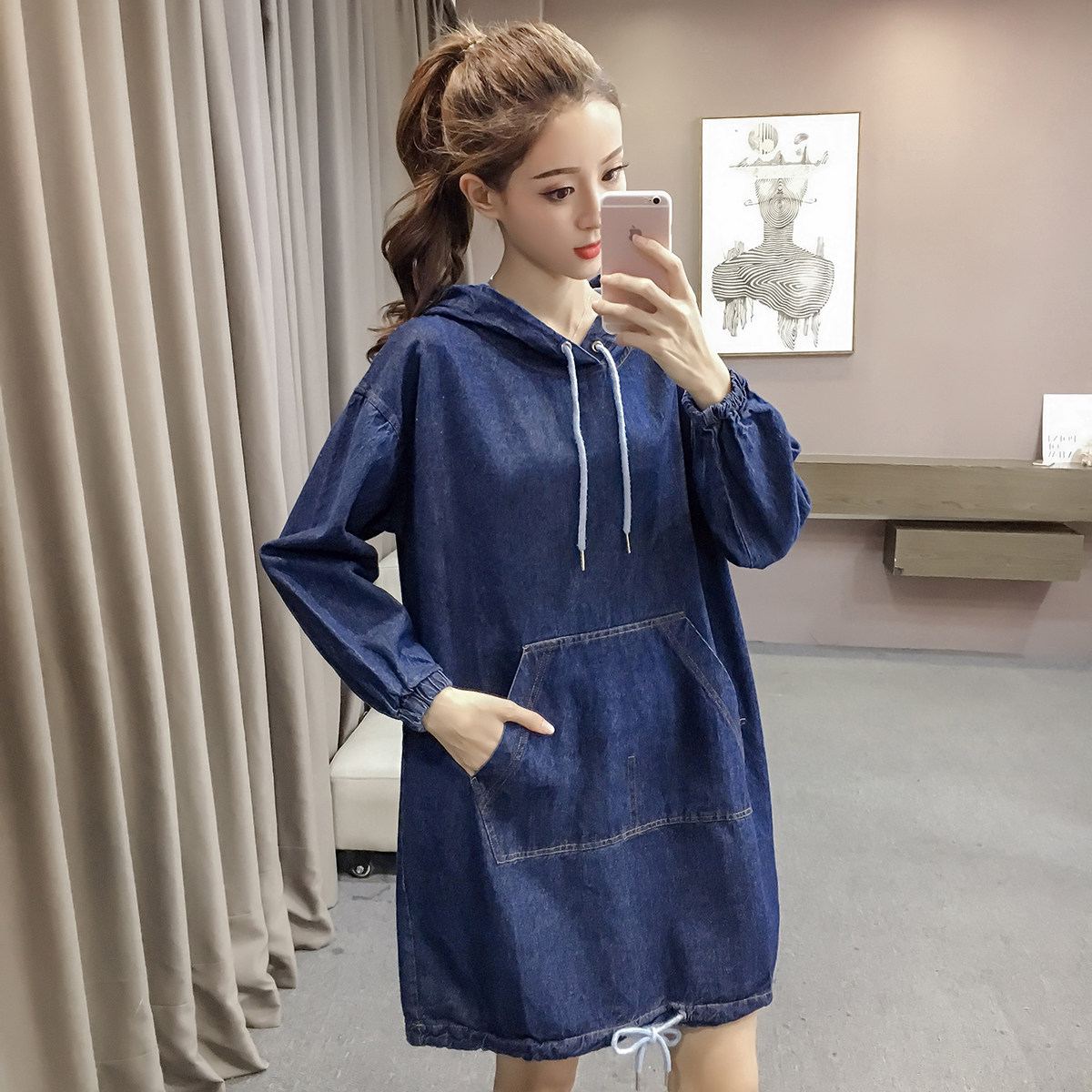 实拍现货秋冬新品宽松bf风中长款牛仔连衣裙外套