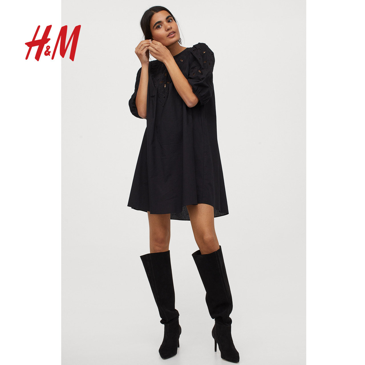 hm女装裙子女夏装宽松气质镂空刺绣及膝连衣裙0909185