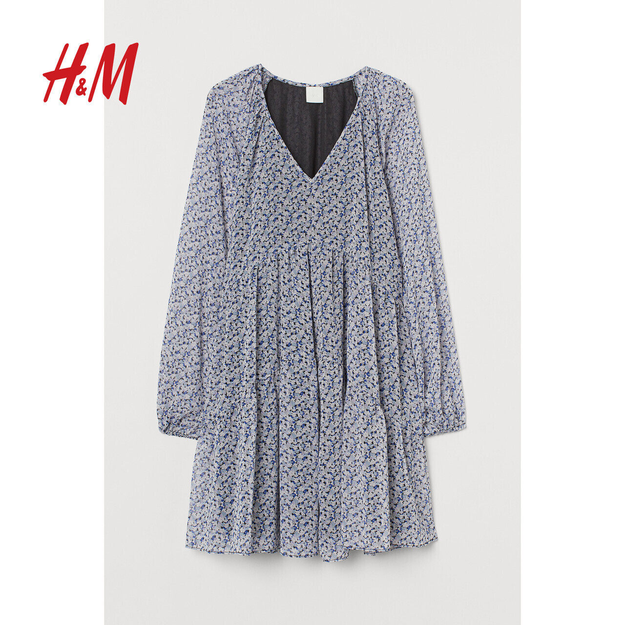 hm 女装裙子女2020秋冬新款长袖v领碎花短裙喇叭连衣裙 0924880