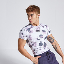 OMG Tide brand splashing ink thin stretch training fitness clothes mens short sleeve sports T-shirt running quick-dry tights