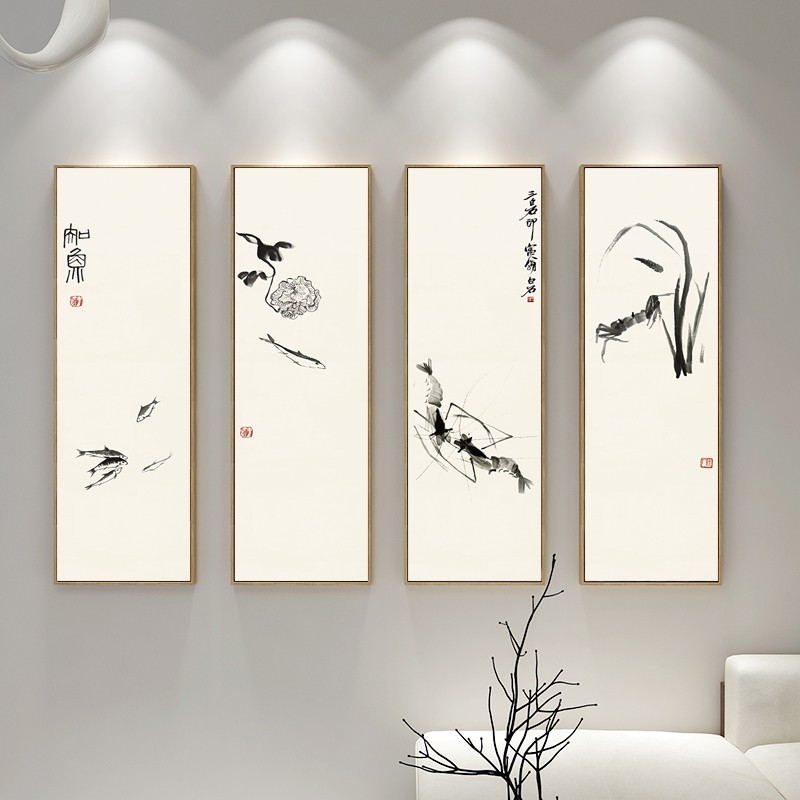 齐白石水墨客厅装饰画四联壁画茶室中国风酒店走廊水墨虾禅意挂画