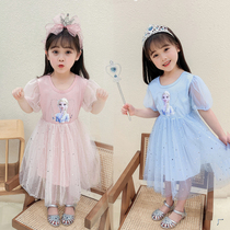 Baby Girls Short Sleeve Elsa Princess Dress 2021 New Summer Internet Red Frozen Frozen Starry Sky Elsa Dress Trendy