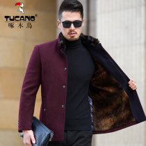 Woodpecker winter middle-aged and elderly mens woolen coat short middle-aged dad plus velvet thick woolen coat