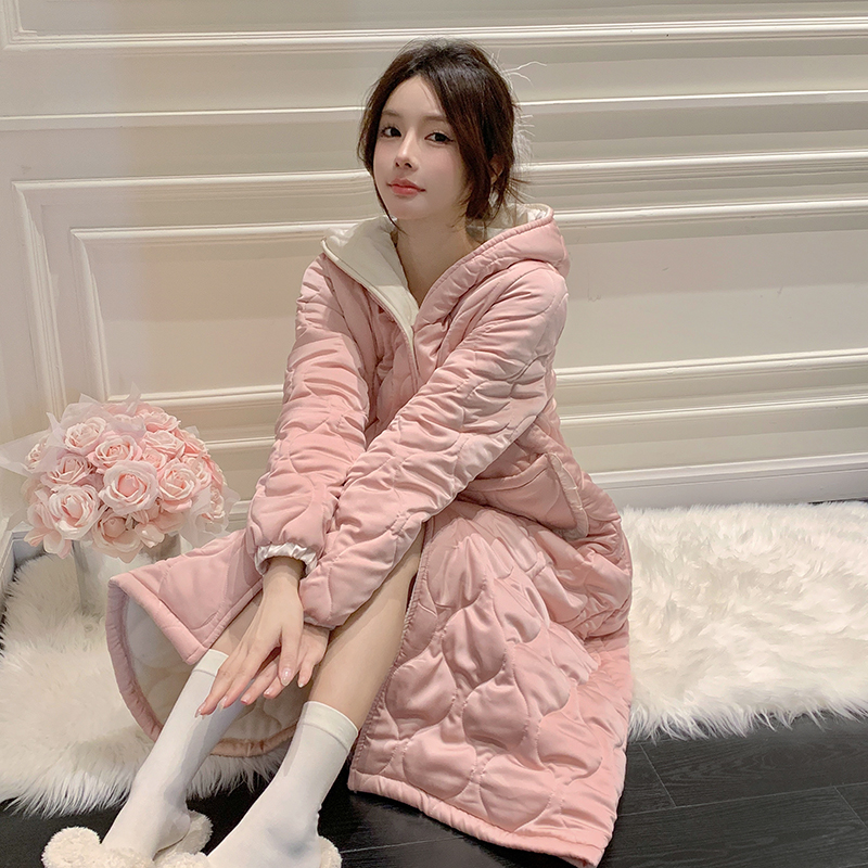 2023 New Sleepwear Lady Coral Suede Cardiovert Sleeping Gown Autumn winter Three-layer clip cotton warm home Sleeping Skirt Winter-Taobao