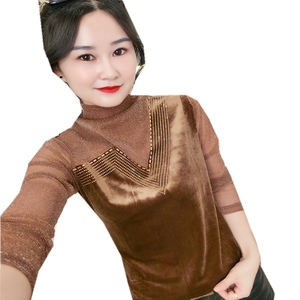 千莱婷修身亮丝网纱高领打底衫女上衣秋季新款白搭金丝绒长袖t恤